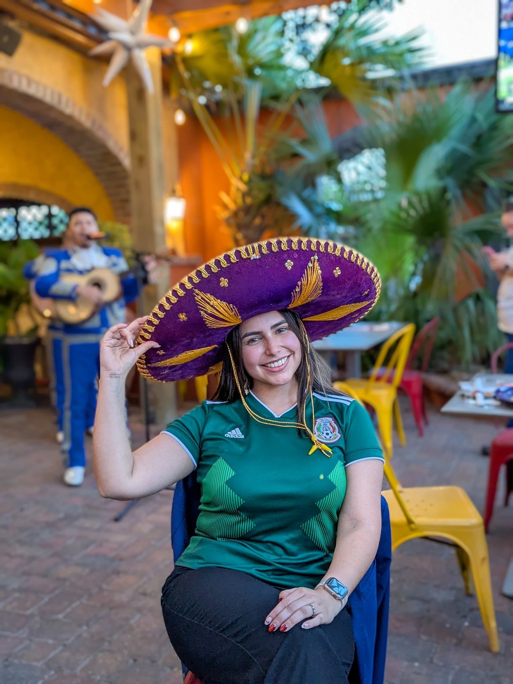 A guest in a sombrero on the Aztecas patio
